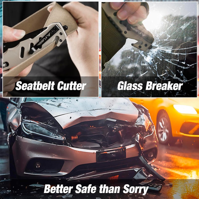 FLISSA Folding Pocket Knife with Clip, Glass Breaker and Seatbelt Cutter, Survival Knife for Emergency Rescue Situations, EDC Knife for Tactical, Hunting, Camping, Outdoor, Unique Gifts for Dad, Father - Image 2